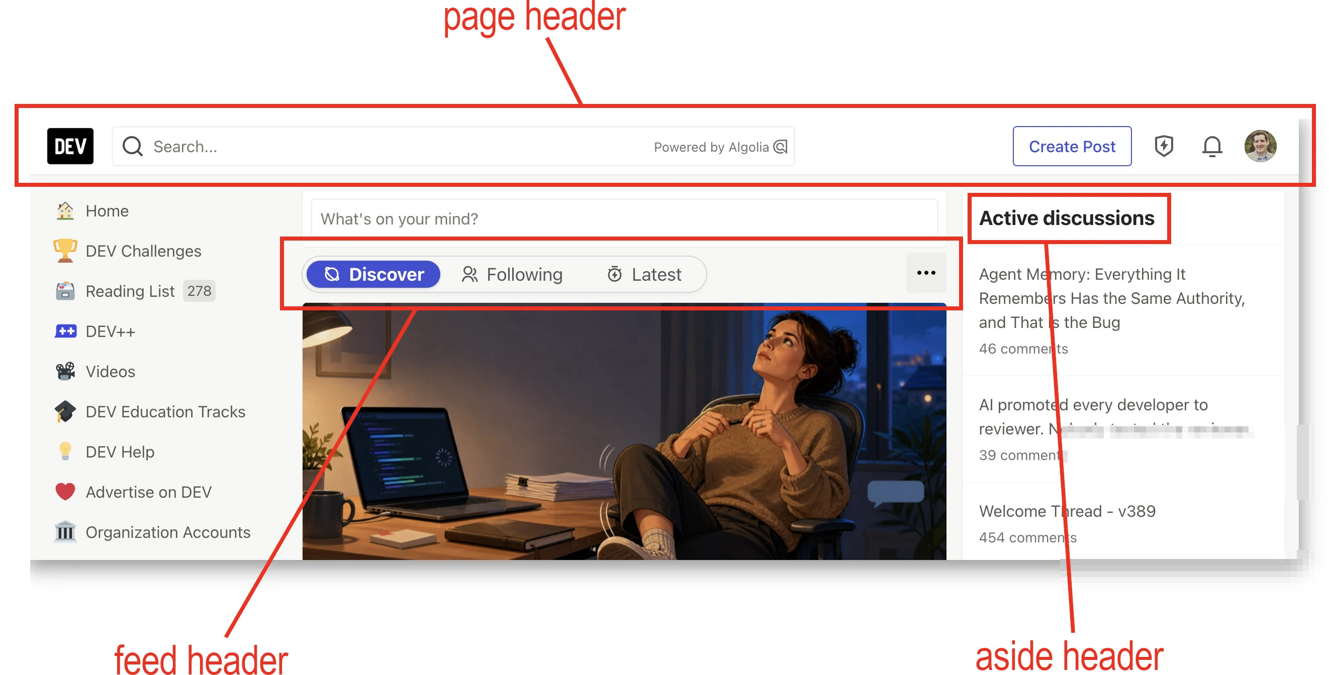 DEV.to homepage with arrows pointing to different section headers