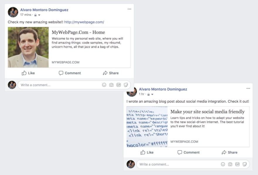 Screen capture of facebook share with metadata correctly in its place