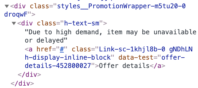 Screen capture of the HTML code for the "Offer details" link showing class names like PromotionWrapper or offer-details