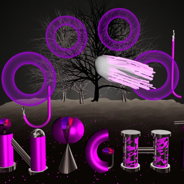 3D scene with a ghost, letters, and different shapes