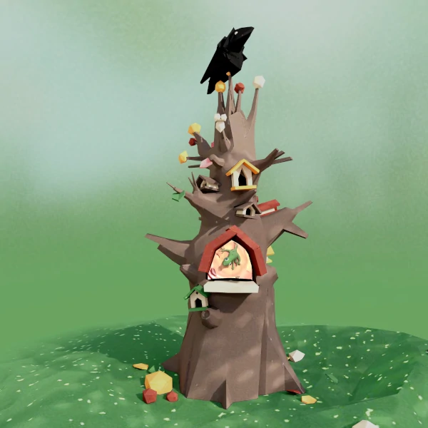 illustrationof a tree with a crow on top and multiple holes/portals