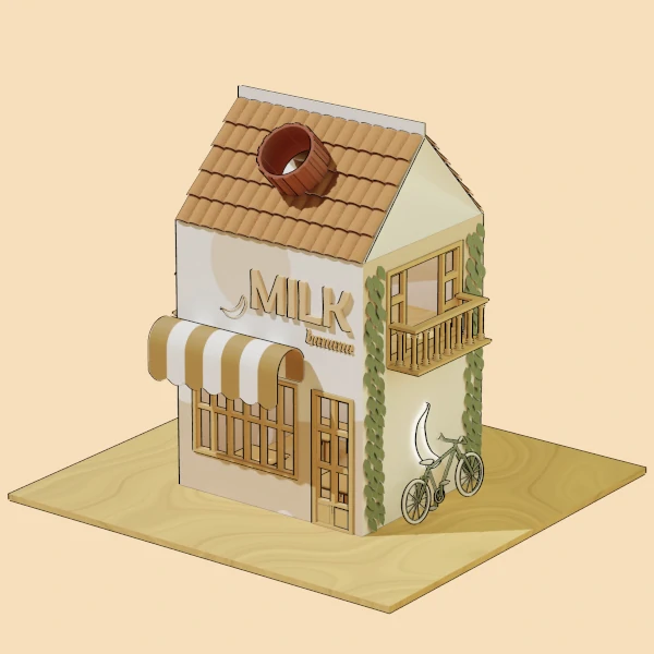A whimsical cartoon of milk with a coffee shop inside