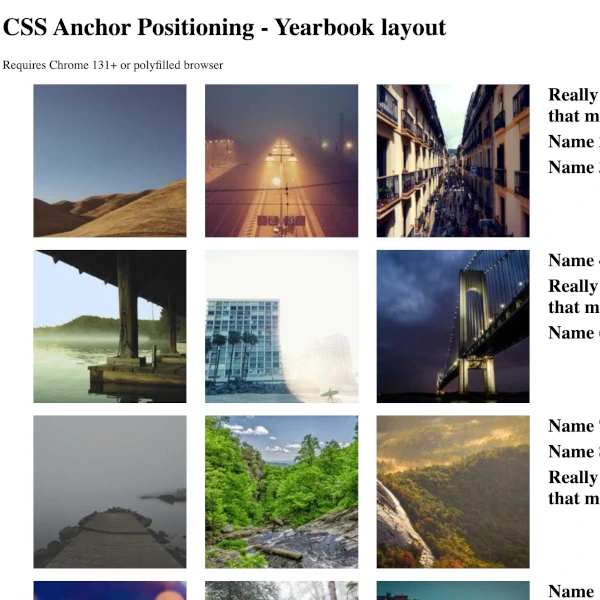 Screenshot of a page showcasing the anchor positioning with images and text