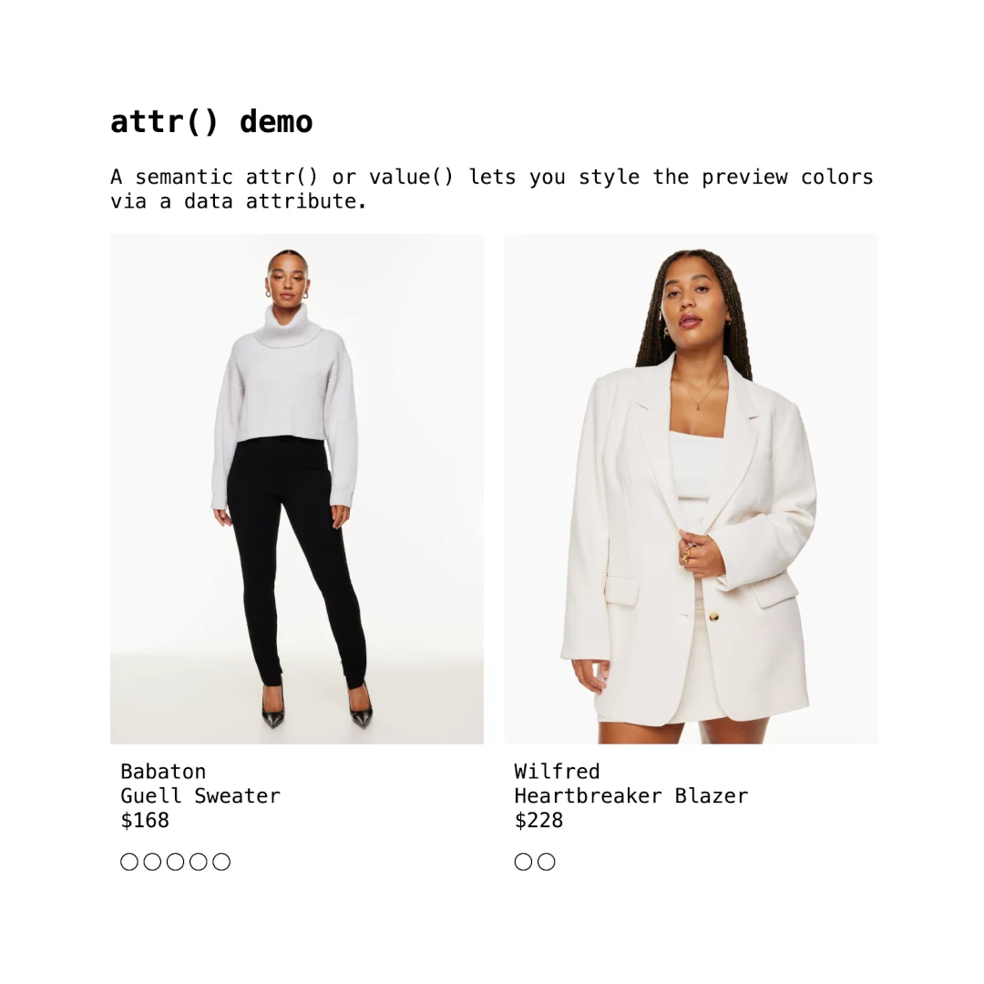 Screenshot of a detail from a clothes site with different selections for colors