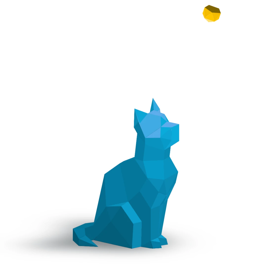 Illustration of a blue 3D low poly cat looking up to a yellow toy