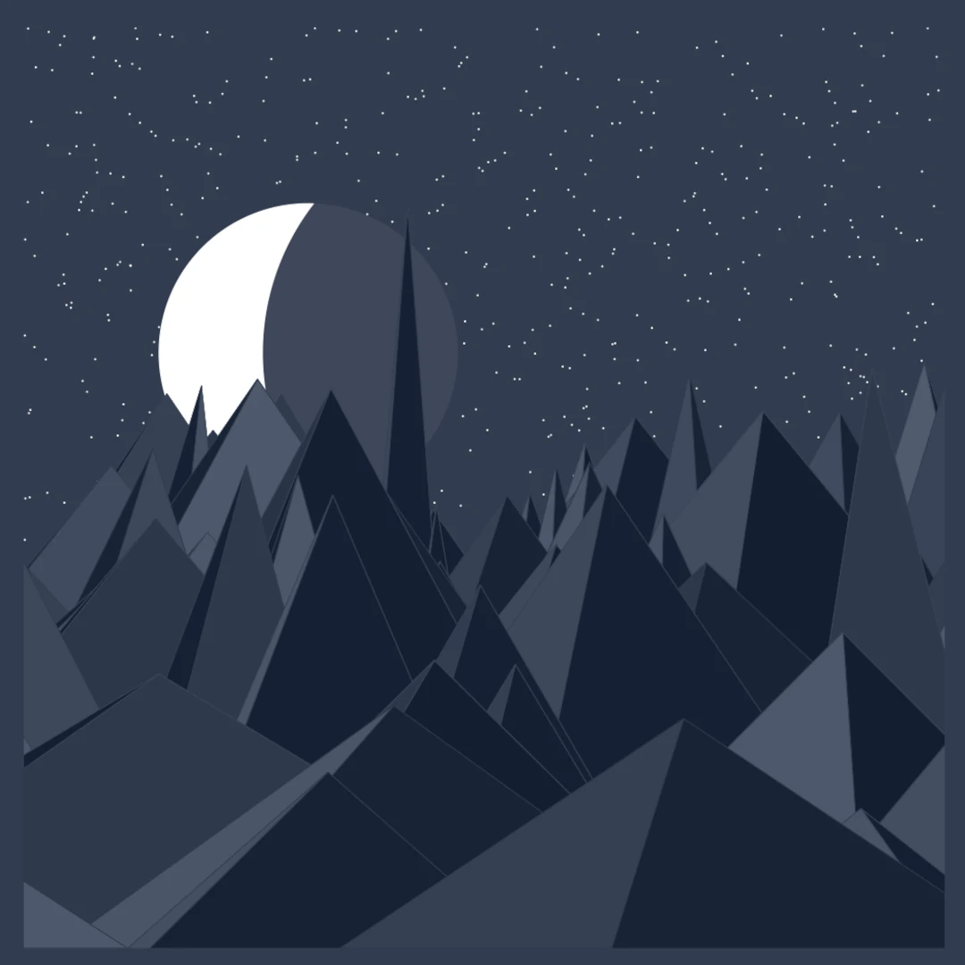 Illustration of a mountainous landscape at night using basic forms (triangles and circles)