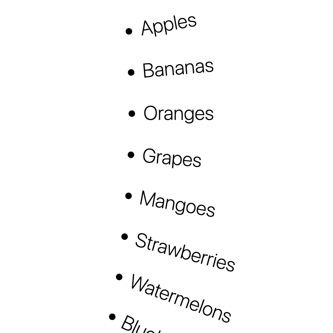 screenshot of a list of words that curves on hover