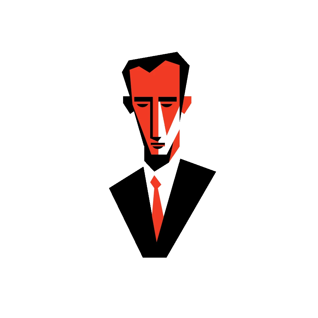 Minimalist cartoon of a man in red, black, and white