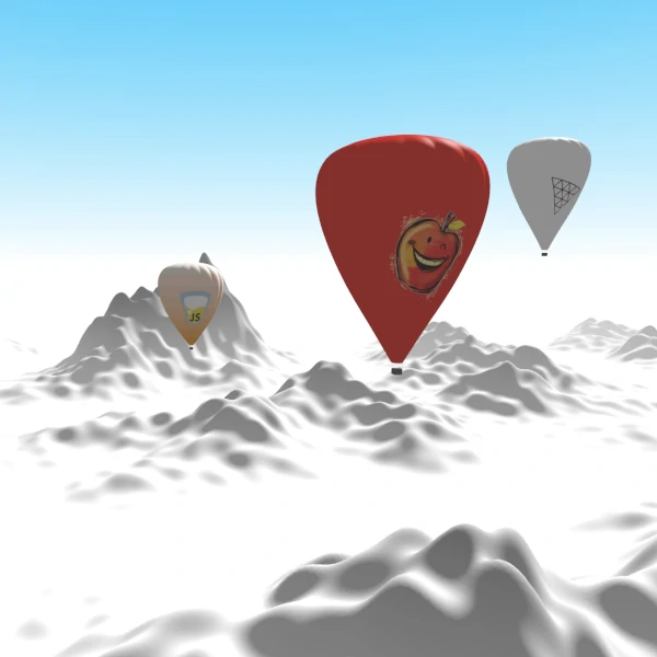 illustration of hot air balloons floating over white mountains
