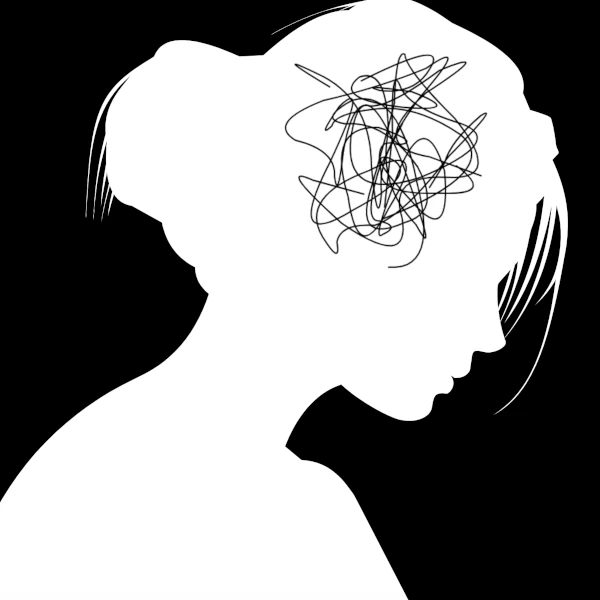 Silhouette of a woman in black and white with lines inside her head