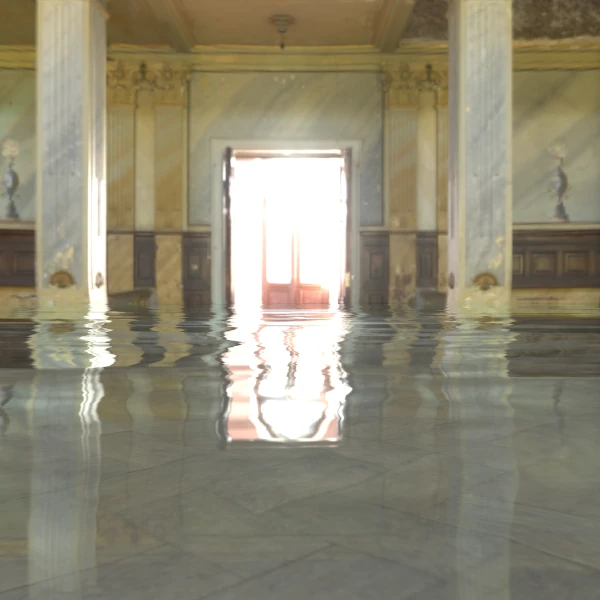 building with simulated water on the floor