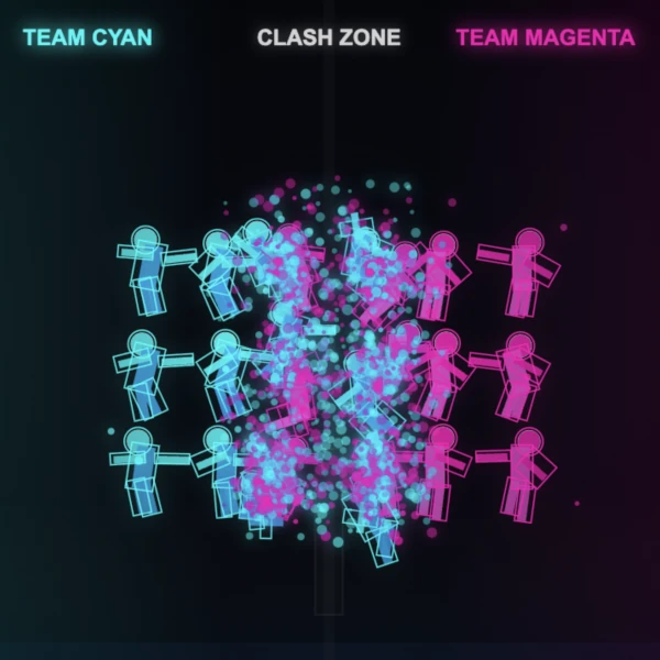 two groups of figures forming team cyan and magenta about to clash in the clash zone
