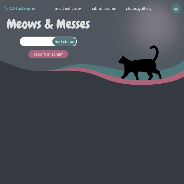 a front page for a cat page titled meows and messes